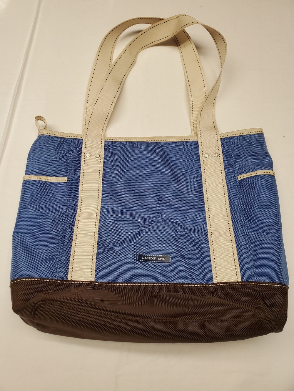 Lands’ End Blue Canvas Tote Bag Brown Bottom Zip Top Preppy Coastal Carryall
